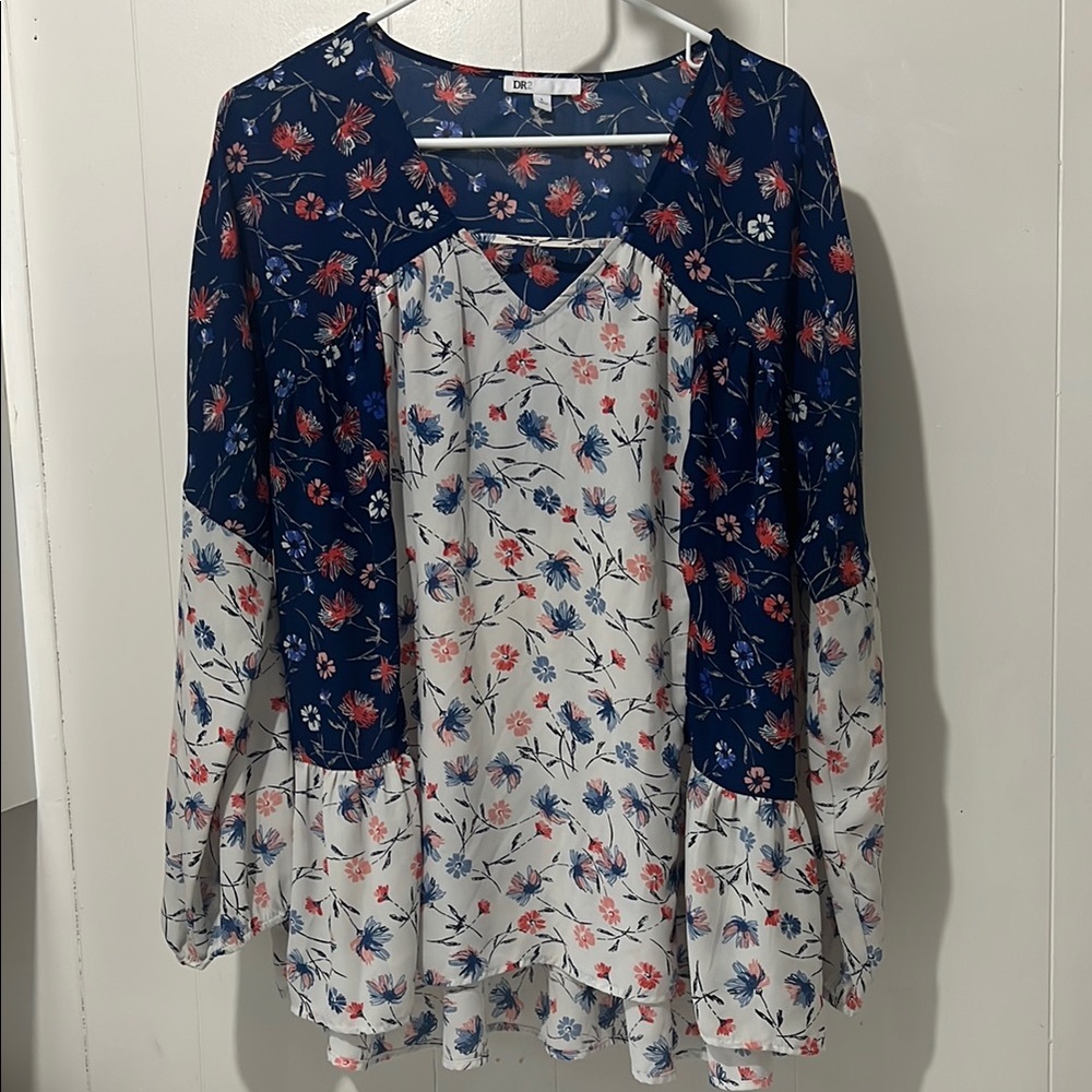 DR2 Blue and Pink Asymmetrical Ruffled Blouse